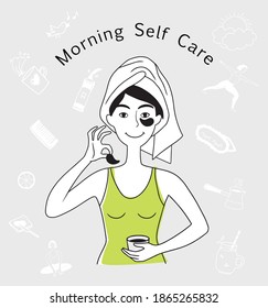 A woman with a towel on her head is applying eye patches with inscription. Morning self care concept. Simple background with isolated elements