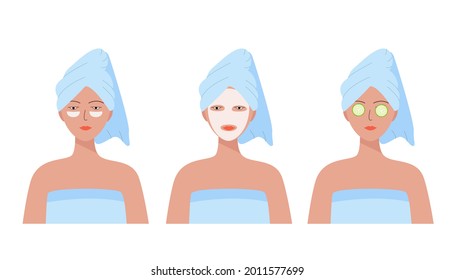 Woman with a towel on her head. Cosmetic patches, a mask and cucumbers on the face, three options for self care at home.