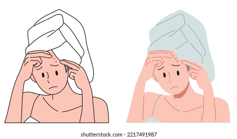 A woman with a towel on her head is touching her pimples.