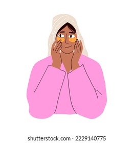 a woman with a towel on her head and in a dressing gown with patches under her eyes. vector illustration in flat style