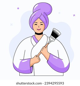 A woman with a towel on her head applies cosmetics with a brush in front of a mirror in the bathroom, flat vector illustration.