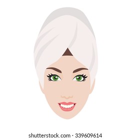 Woman with a towel on her head. Vector illustration of a Girl at the Beauty salon. Girl after shampooing.