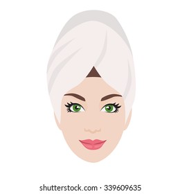 Woman with a towel on her head. Vector illustration of a Girl at the Beauty salon. Girl after shampooing.