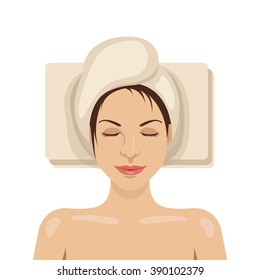 Woman with towel on her head is lying. Spa therapy, beauty services concepts. Vector illustration