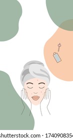 Woman with a towel on his head takes care of her face. Set of isolated stock illustrations. For advertising cosmetics, posts on social networks, banners, publications, messages.