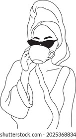 Woman in towel silhouette. Girl in sunglasses with a cup of coffee. Minimalistic vector art. Black and white. White background. Line drawing.