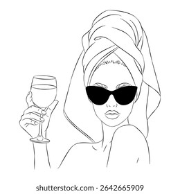 Woman in towel silhouette. Girl in sunglasses with a glass in hand. Minimalistic vector art. Black and white. White background. Line drawing.