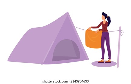 Woman with towel standing near camping tent semi flat color vector character. Posing figure. Full body person on white. Simple cartoon style illustration for web graphic design and animation