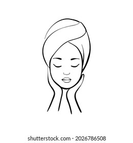 woman with a towel turban on her head in contour on the white background