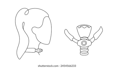 A woman with a tracheostomy on her neck. Diagram of device installation in the trachea. A medical method of providing oxygen access to the lungs. Vector illustration.