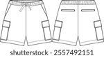 Woman track short with cargo pockets, drawcord at waist, elastic waistband, back welt pockets, front and back vector