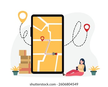Woman tracking parcel online on GPS navigator through smartphone.  tracking online shopping parcel location tracking app on Smartphone.