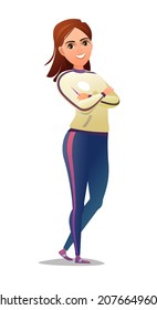 Woman in tracksuit. Girl got ready for sports activities. Cheerful person. Standing pose. Cartoon comic style flat design. Single character. Illustration isolated on white background. Vector.