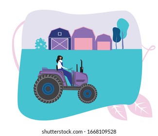 A woman tractor driver and heavy machine in the field and farm buildings in flat style. Village agricultural vector stock illustration with european woman as a farming concept