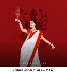 A woman in traditional attire blows a conch shell with Goddess Durga's silhouette in the background for Durga Puja