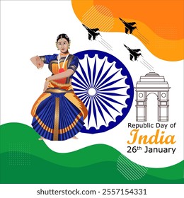  A woman in traditional attire celebrates India's cultural heritage Fighter jets and India Gate represent strength and history Tricolor hues evoke patriotism
