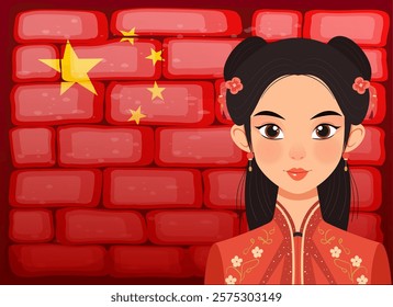 Woman in traditional attire with Chinese flag background