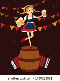Woman in traditional bavarian costume dancing on a barrel of beer. Oktoberfest beer festival. Vector illustration dancing girl with an accordion and beer.