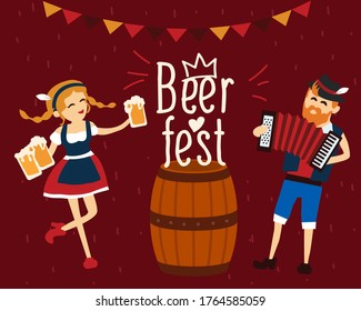 Woman in traditional bavarian costume dancing with a man to the music of the accordion. Oktoberfest beer festival. Vector illustration dancing girl with beer barrel. Letterring Beer fest.