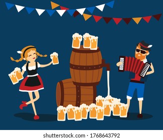 Woman in traditional bavarian costume dancing with a man to the music of the accordion. Oktoberfest beer festival. Vector illustration dancing girl with beer barrel. 