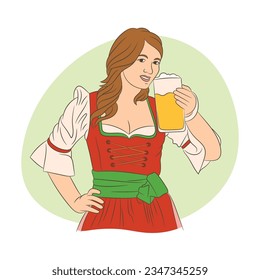 woman in traditional Bavarian dress, holding a beer glass. Oktoberfest  illustration