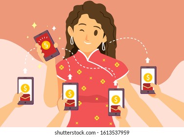 A woman in traditional clothes receive red envelopes with smart phone.Concept of Chinese new year to congratulate.Vector flat illustration for web, landing page, banner, editorial, mobile app.