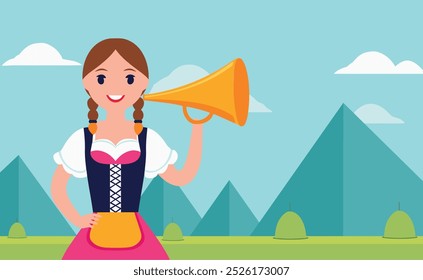 A woman in a traditional costume is holding a megaphone and smiling. The scene is set in a grassy field with mountains in the background. Concept of joy and celebration