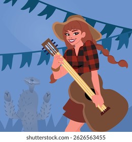 Woman in traditional countryside costume on a festive banner for the traditional Brazilian festival called São João, vector illustration.