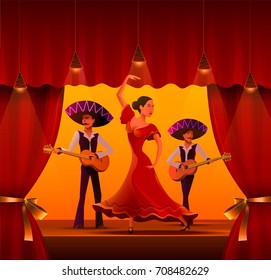 Woman in traditional dress dancing while men playing guitars. Vector illustration.