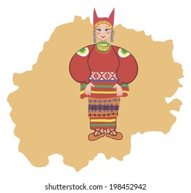 Woman in traditional folk costume of the Ryazan region on the background of the map