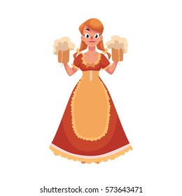 Woman in traditional German, Bavarian, Austrian country dress holding beer mugs, Oktoberfest, cartoon vector illustration isolated on white background. German girl in traditional Oktoberfest costume