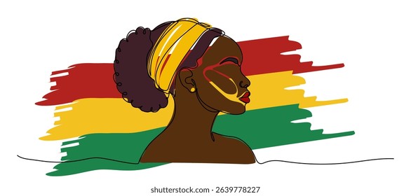 Woman with traditional headwrap in profile against colorful background representing Ghana