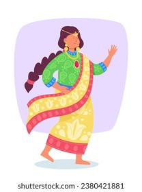 Woman in traditional Indian clothes dancing. Flat vector illustration. Indian culture concept