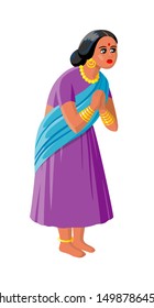 Woman in traditional Indian clothes holding hands in greeting and prayer position. Hindu lady with bare feet wearing purple gagra choli, blue dupatta and golden jewels. Vector image