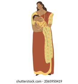 Woman in traditional Indian clothes with newburn baby in her arms. Human ages. Flat style in vector illustration. Isolated. Motherhood in oriental country. Sari, traditional wear. Generations.