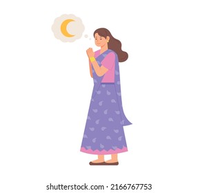A woman in traditional Indian clothes is praying while looking at the moon. flat design style vector illustration.