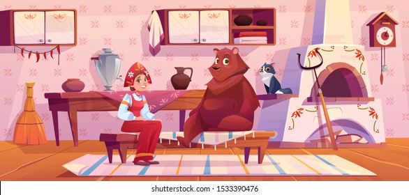 Woman in traditional old russian costume sundress and kokoshnik, bear and cat sitting on kitchen with stove, cuckoo-clock, samovar, grip and rag on floor. Rural room decor. Cartoon vector illustration