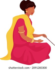 Woman in traditional sari semi flat color vector character. Sitting figure. Full body person on white. National holiday isolated modern cartoon style illustration for graphic design and animation