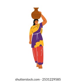 Uma mulher de sari tradicional e calças segurando uma panela de barro na cabeça. Sorrindo, incorporando a cultura hindu. Ilustração vetorial para festivais e apresentações culturais.