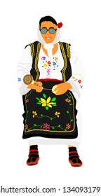 Woman in traditional Serbian dress vector illustration isolated. Serbia wears Balkan folklore culture. Knitting from a yarn. Knit hobby. Bulgarian national dress. Russian folk. Old craft skill textile