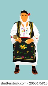 Woman in traditional Serbian dress vector illustration isolated. Serbia wears Balkan folklore culture. Knitting from a yarn. Knit hobby. Bulgarian national dress. Russian folk. Old craft skill textile