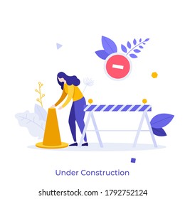 Woman With Traffic Cone, Road Safety Barrier. Concept Of Website Under Construction, Error 404, Restricted Access, Repairing Services, Street Maintenance. Modern Flat Vector Illustration For Banner.