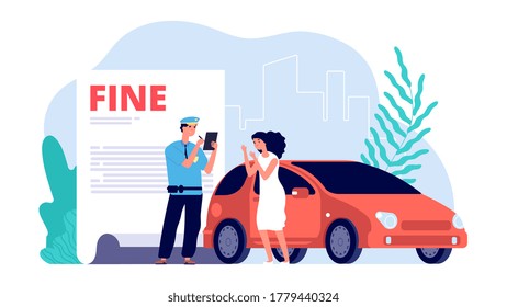 Woman and traffic police officer. Policeman writes out fine, improper parking or violations. Upset woman driver vector illustration