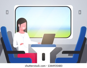 woman train passenger listening audio book with headphones  
