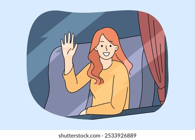 Woman train passenger waves hand in greeting and looks out window, saying goodbye to boyfriend. Beautiful girl tourist and metro passenger smiles looking at you, inviting on joint trip