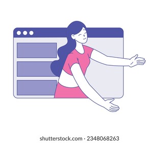 Woman Trainer Character on Computer Screen Doing Sport and Fitness Online Training and Workout Vector Illustration