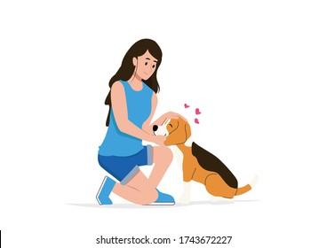 Woman trainer treat dog with praising domestic animal pat on it head. Vector flat illustration