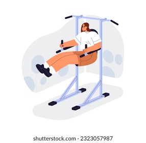 Woman training abs, doing Roman chair hanging leg raise in gym. Person during sport workout, vertical crunch, abdominal muscles exercise. Flat vector illustration isolated on white background