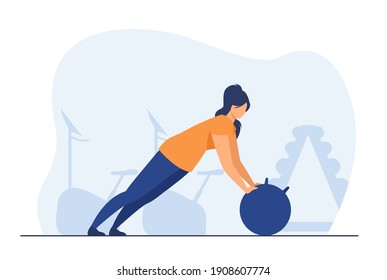 Woman training body in gym. Fit girl doing exercises with ball. Flat vector illustration. Activity, sport, lifestyle, workout concept for banner, website design or landing web page