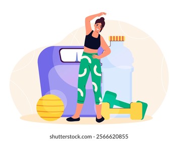 Woman training concept. Young girl near huge dumbbells and scales, bottle of water. Active lifestyle and sports. Fitness and workout. Sportswoman stretching. Flat vector illustration